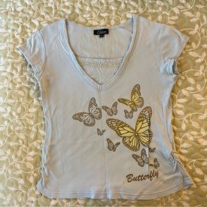 Butterfly graphic sequin neckline light blue shirt (170/88 Size S)